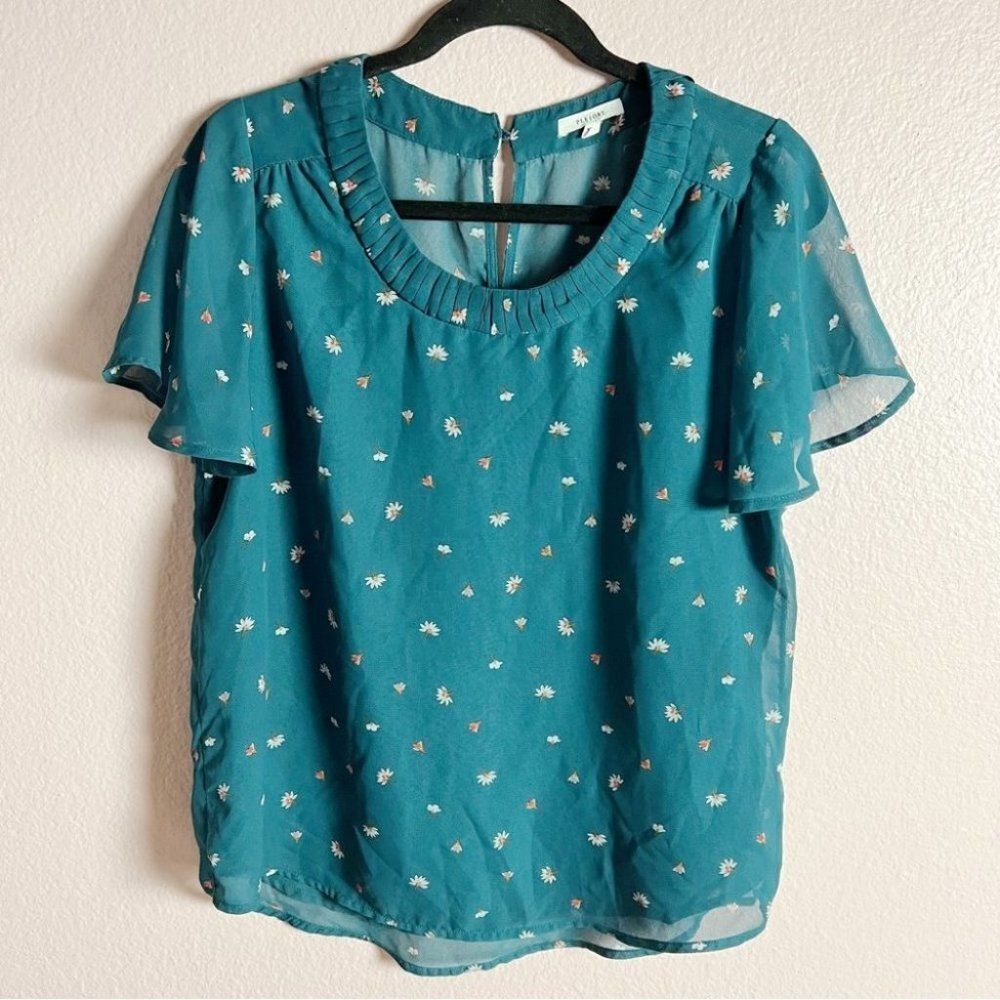 Pleione Womens Teal Floral Flutter Sleeve Chiffon Top Lined Small